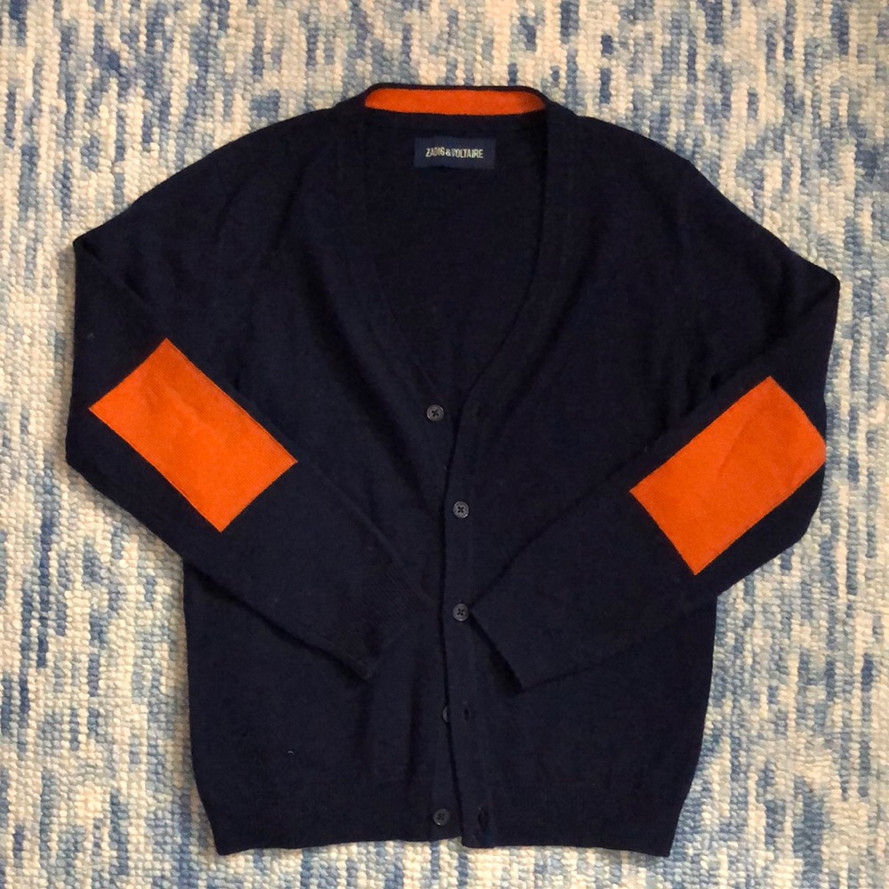 Zadig and Voltaire kids size 8 navy wool cardigan with patch elbow sweater EUC